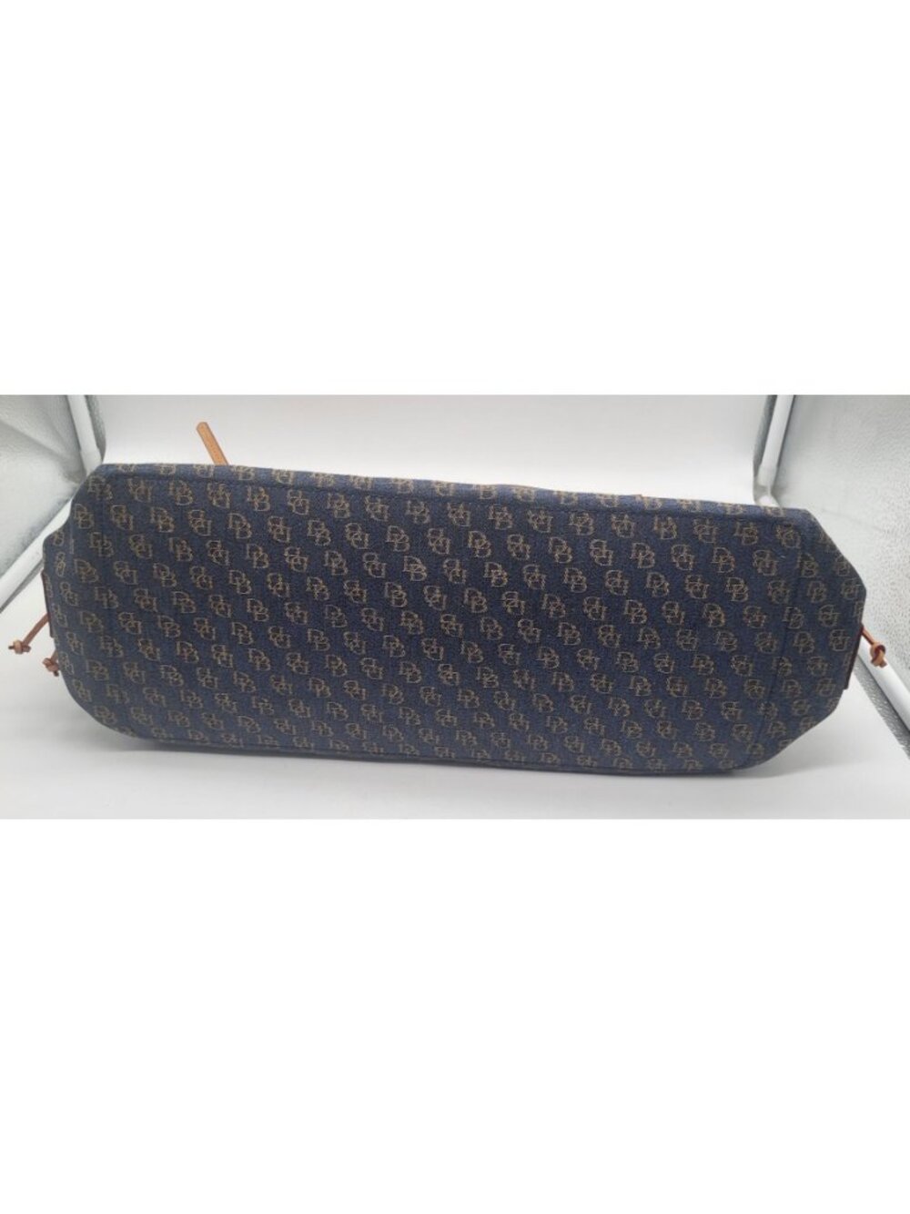 Dooney & Bourke Blue Denim Logo Brocade Shoulder Bag Brown Leather Red Interior - Picture 2 of 13